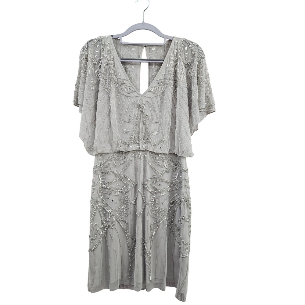 Aiden Mattox Beaded Flapper Gatsby Dress Art Deco Silver Sequin Evening‎ Party 6